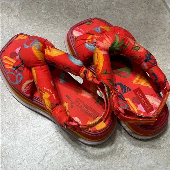 FARM Rio Red Tropical Multicolor Fabric Platform Sandals with Adjustable Strap - Picture 1 of 9